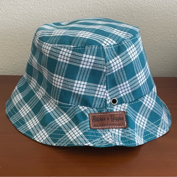 Accessories - Teal Palaka Bucket Hat Stitches & Giggles Hilo Hawaii Plaid Gingham Reversible